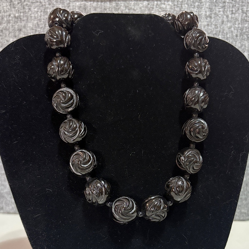 Carved Jet Rosette Necklace